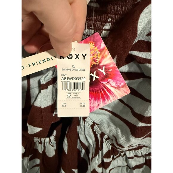 Roxy Evening Glow Dress XL Tropical Print Sundress Brown & Light Blue - Picture 4 of 5